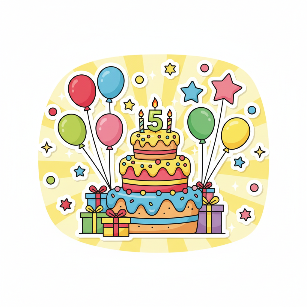 Child blowing out candles on a colorful cartoon-themed birthday cake surrounded by family