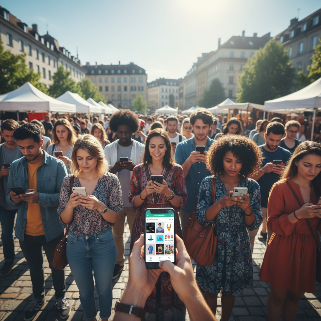 Person browsing a local marketplace app on their smartphone
