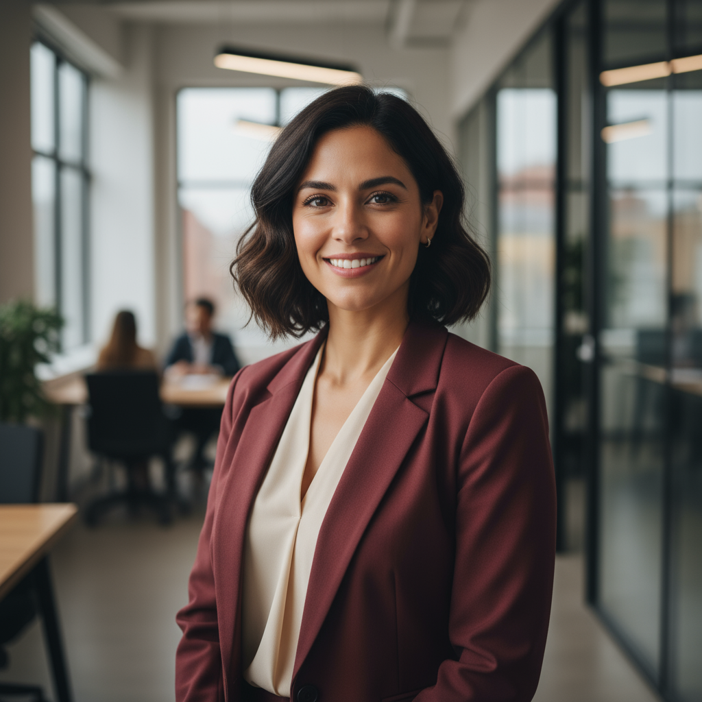 Chioma Okafor, operations director, professional African woman in burgundy blazer with warm smile in modern office