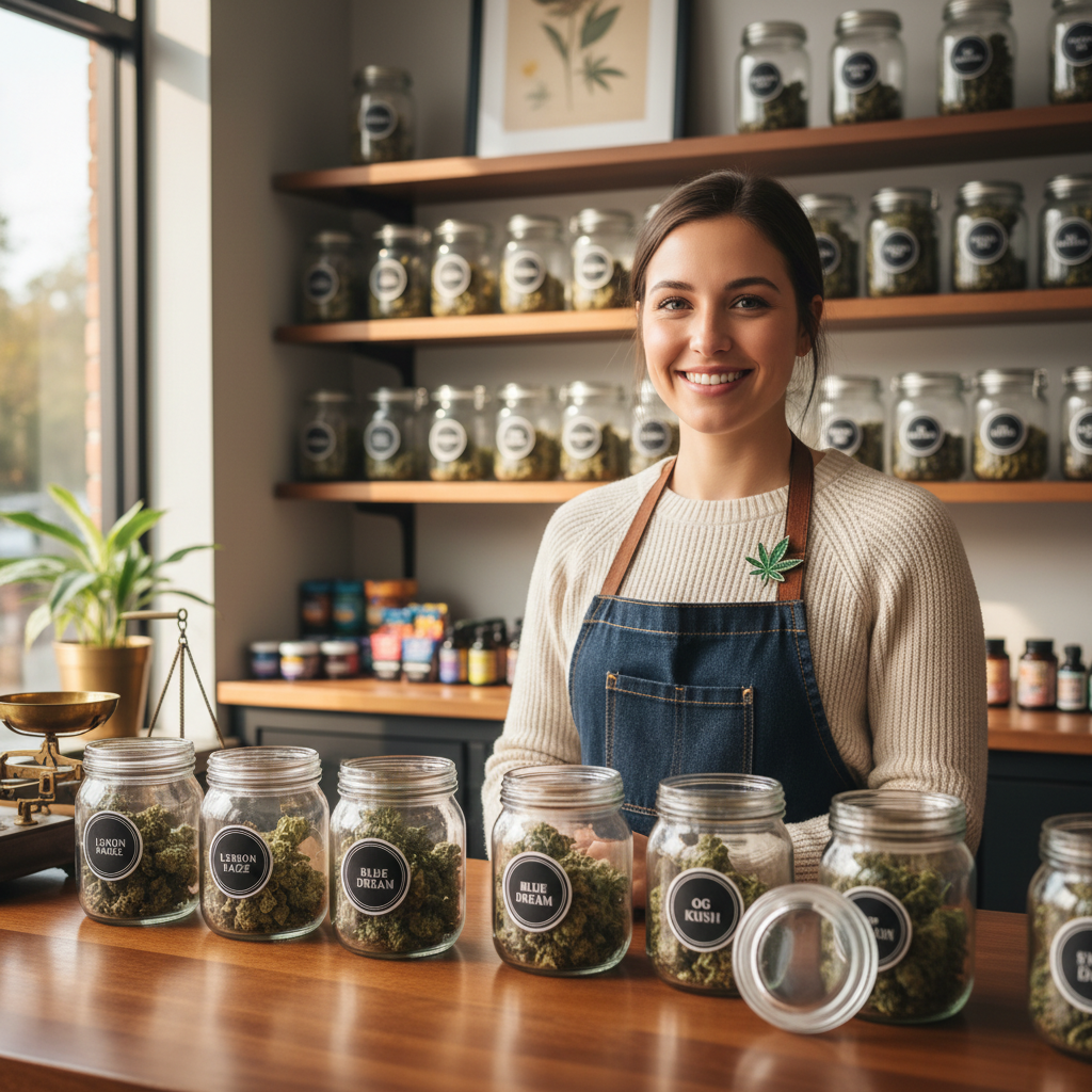 Budtender in dispensary behind counter, earpiece in, smiling while helping a customer
