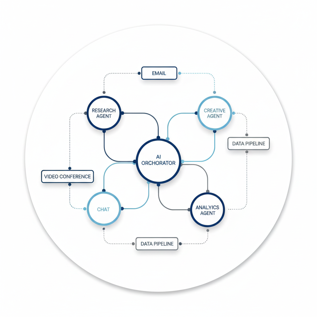 Network diagram showing multiple AI agents communicating and collaborating