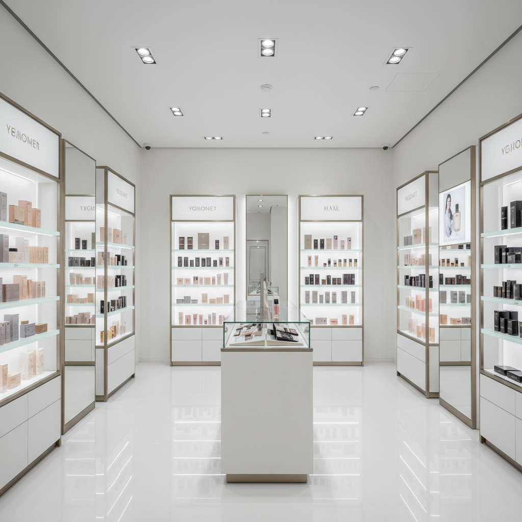 Cosmetics store with beauty products on display, clean white shelving, soft retail lighting