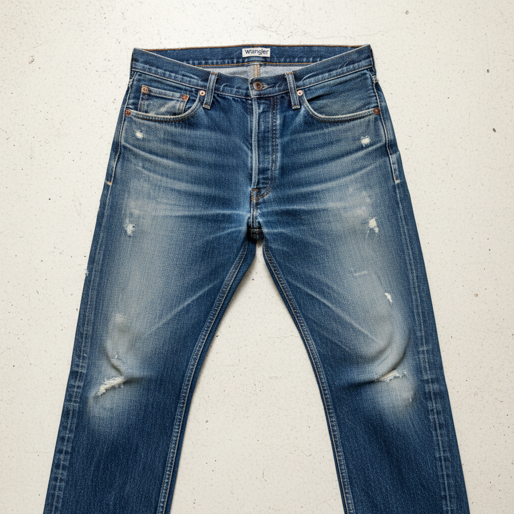 Flat lay of 1980s Wrangler jeans showing fade map and whisker patterns