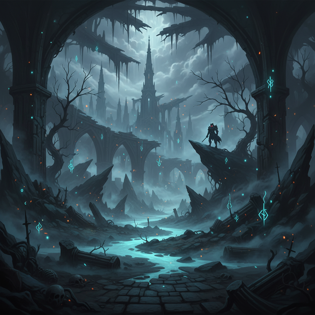 Dark atmospheric game environment with dramatic lighting and fog effects