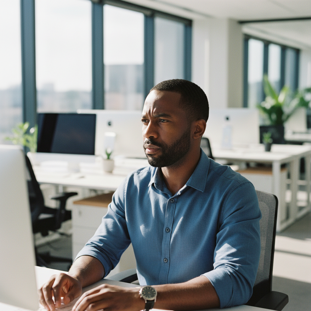 Black man in his 30s with short beard in a tech office
