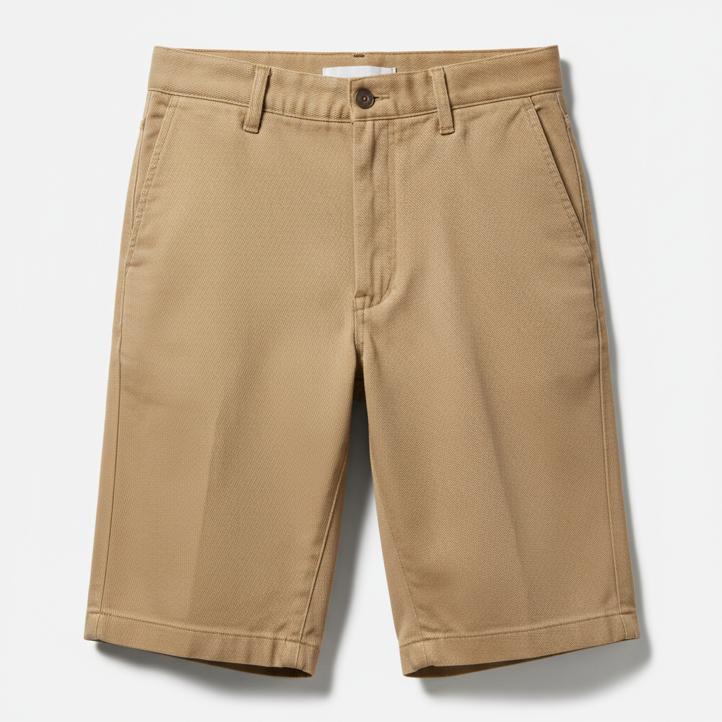 Beige khaki golf shorts with clean minimalist product photography