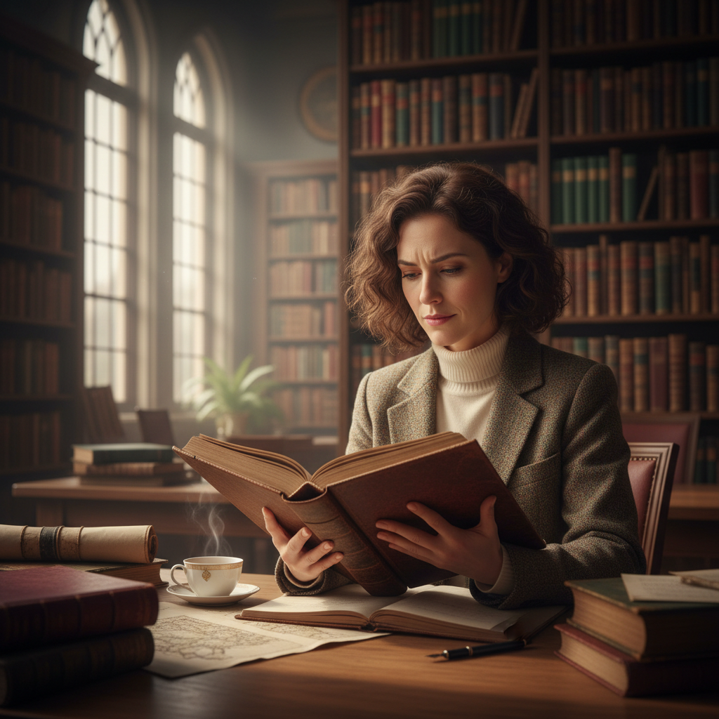 Academic woman in a library setting surrounded by old books