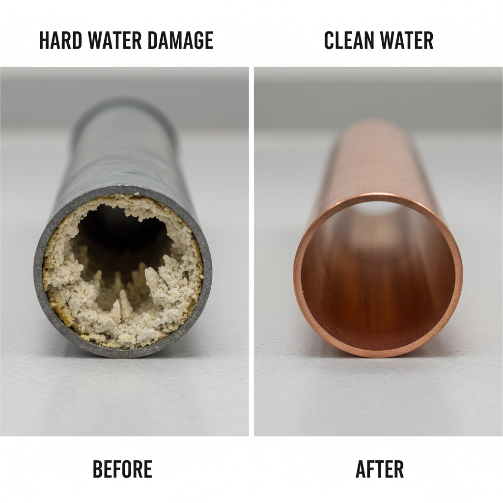 Cross-section of copper pipe showing thick calcium scale deposit versus clean pipe interior