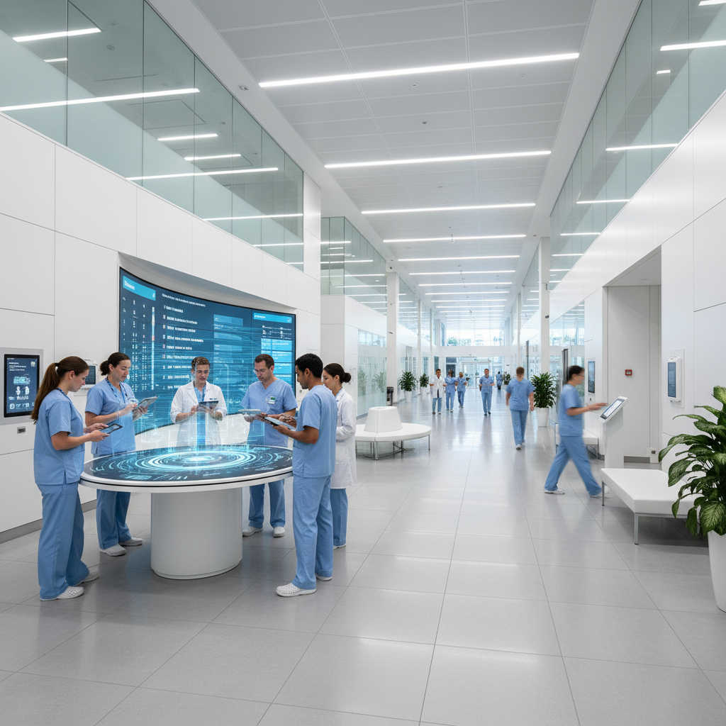 Doctor using digital tablet displaying medical data and AI analysis in modern hospital