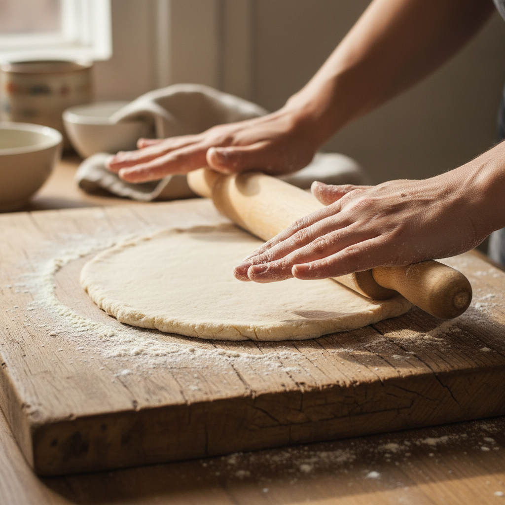 Flour-dusted hands rolling pie crust on a wooden board, a grandmother teaching her granddaughter