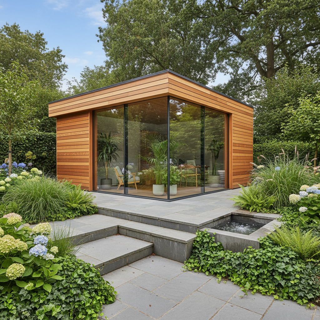 Garden room build in Cheshire by J & L Building & Design — bright timber garden studio with large windows and decked terrace