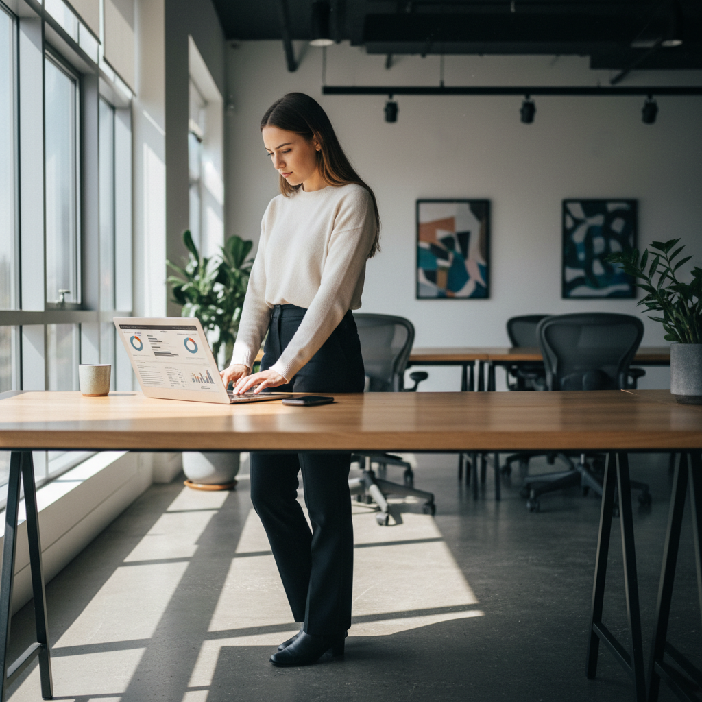 Woman at standing desk with laptop open in a modern Tallinn coworking space