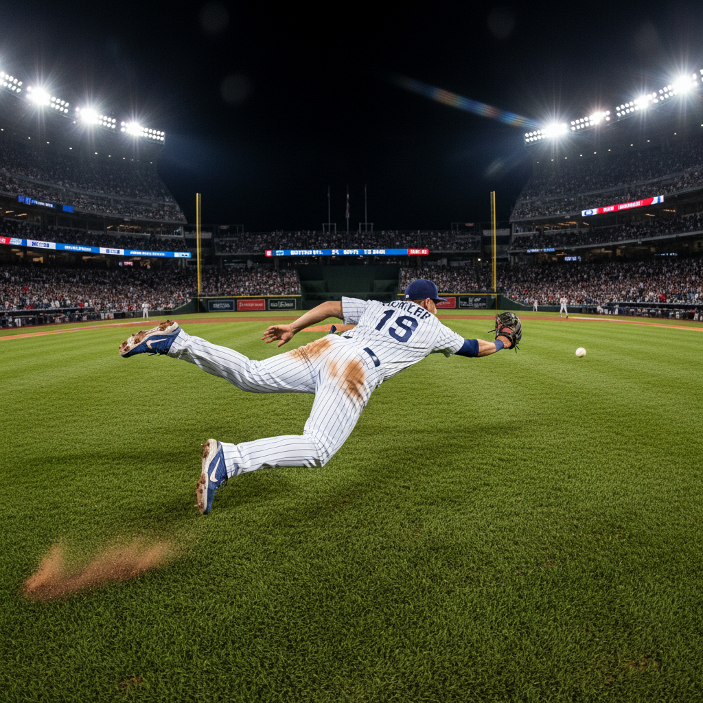 Cricketer diving to field a ball at boundary, dark green outfield, dramatic evening light, deep shadows