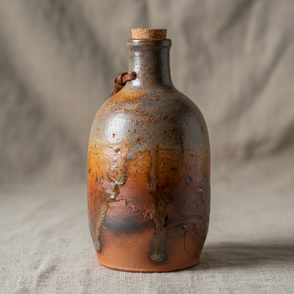 Handmade water bottle with wood-fired glaze next to hiking gear