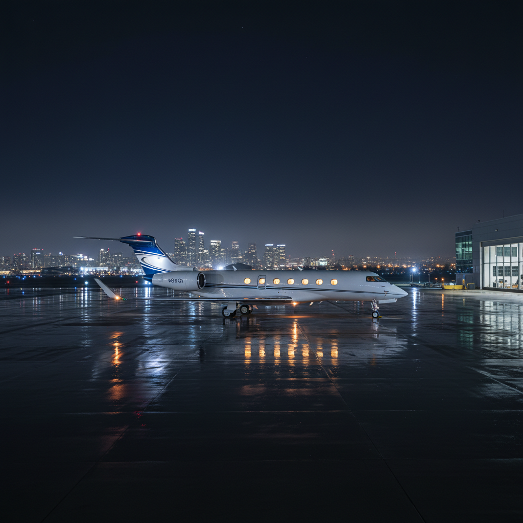 Private jet fleet on tarmac at night, dramatic airport lighting, dark atmospheric shadows