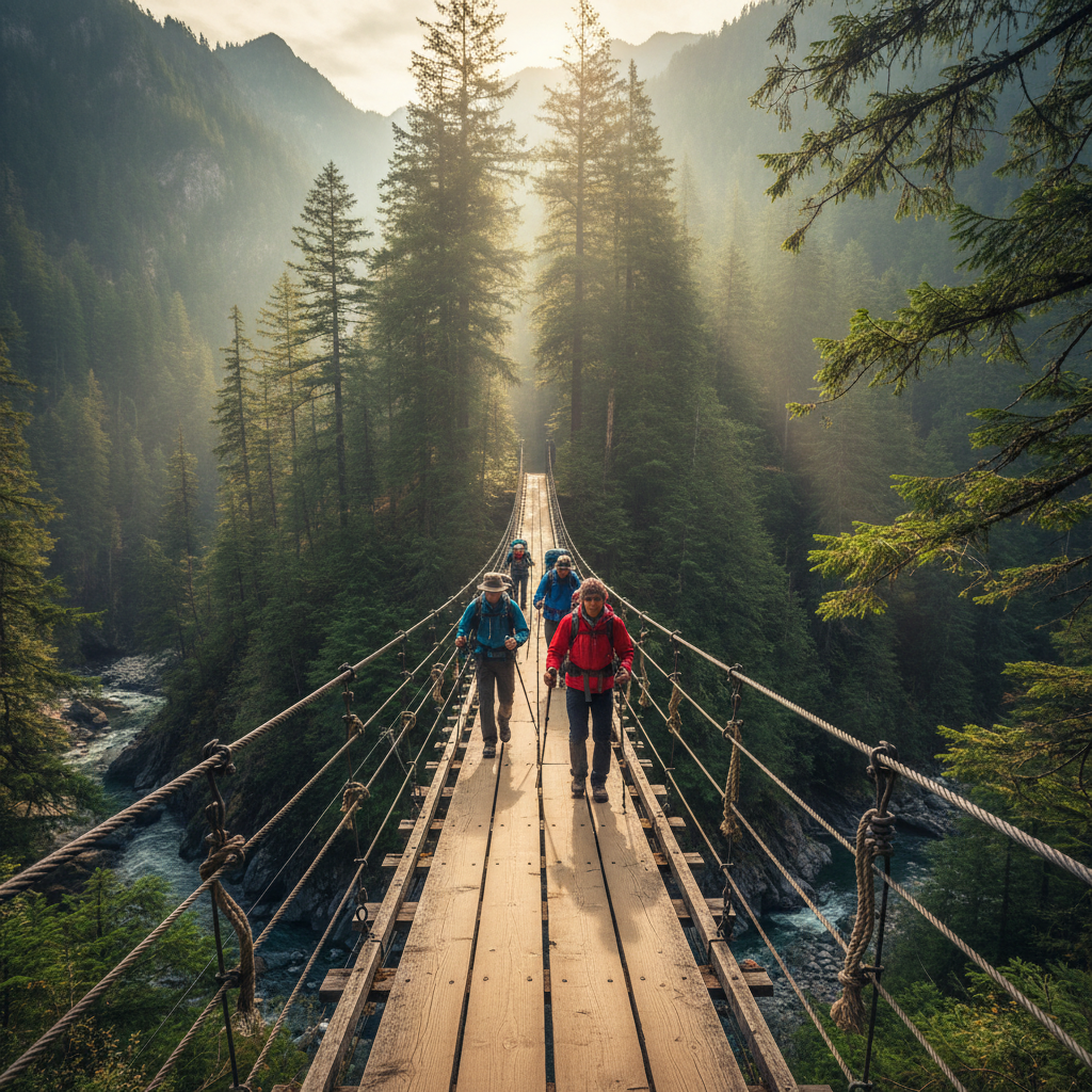 Hikers crossing a wooden suspension bridge above a deep forested gorge on the Lycian Way
