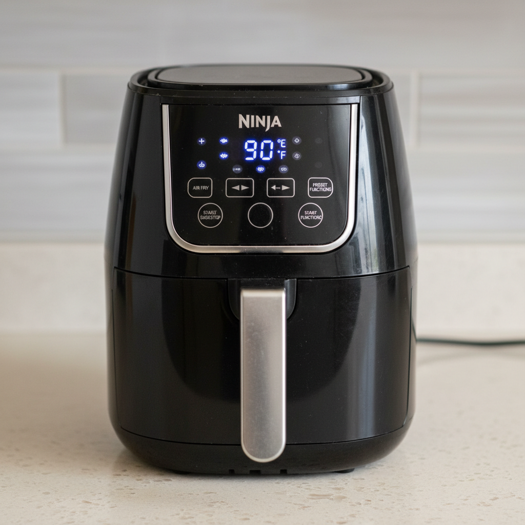Ninja Dual Zone airfryer zwart met twee compartimenten, zijaanzicht op witte ondergrond