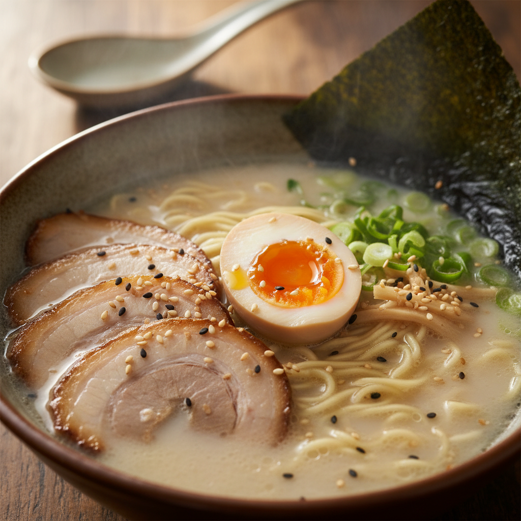 Tonkotsu ramen with pork belly and soft-boiled egg in rich broth, warm amber restaurant lighting