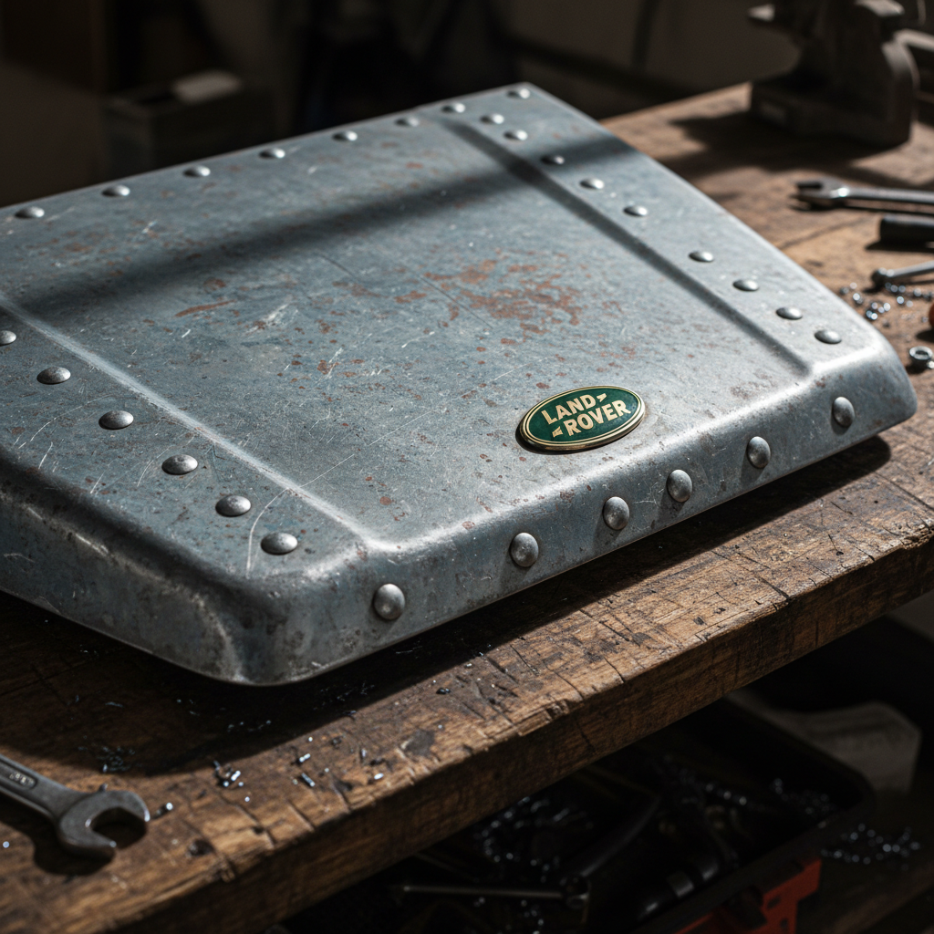 Patinated aluminium Land Rover bonnet with heritage badge, workshop lighting catching every rivet and seam detail