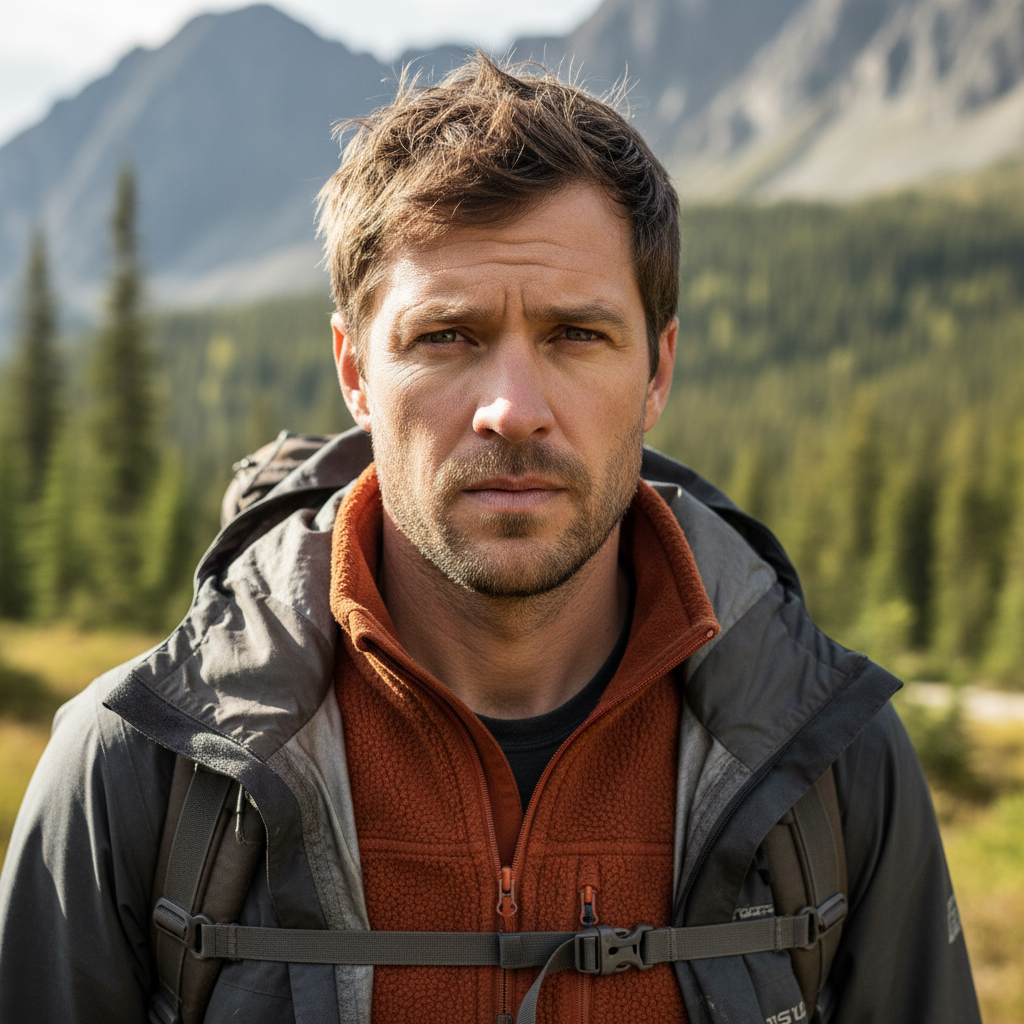 Man with beard wearing outdoor gear in forest