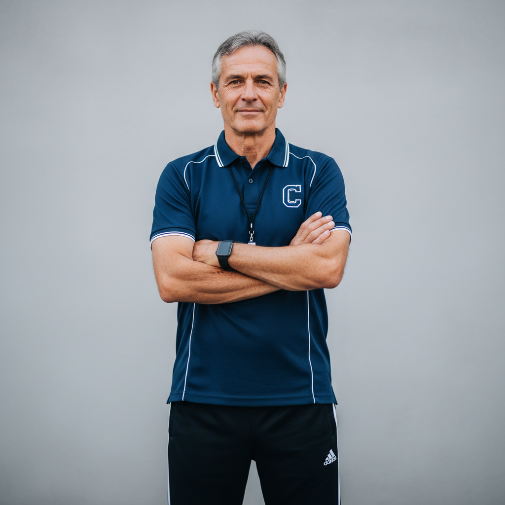 Confident male cricket coach in sports attire, neutral studio background, professional portrait