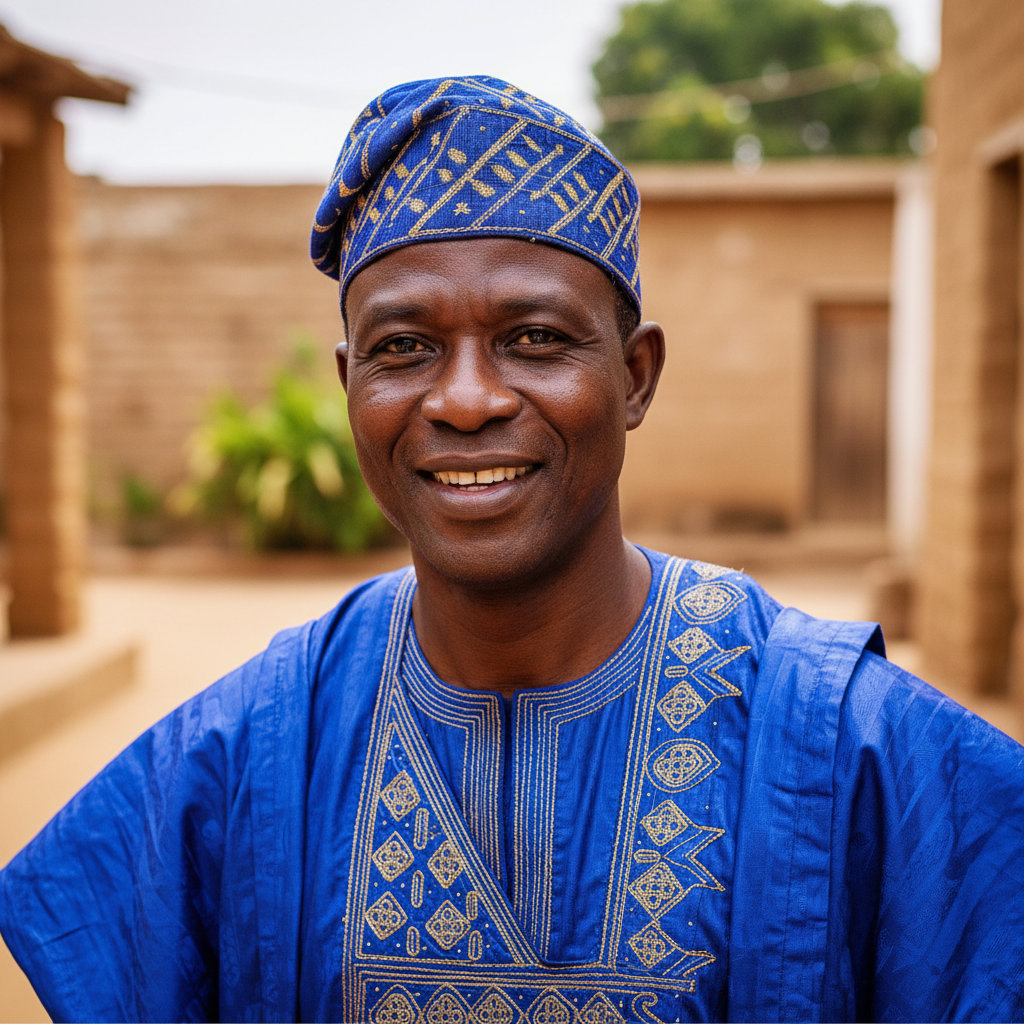 Well-dressed Nigerian man in a bright clean studio, wearing a traditional white jallabiya, warm ambient lighting