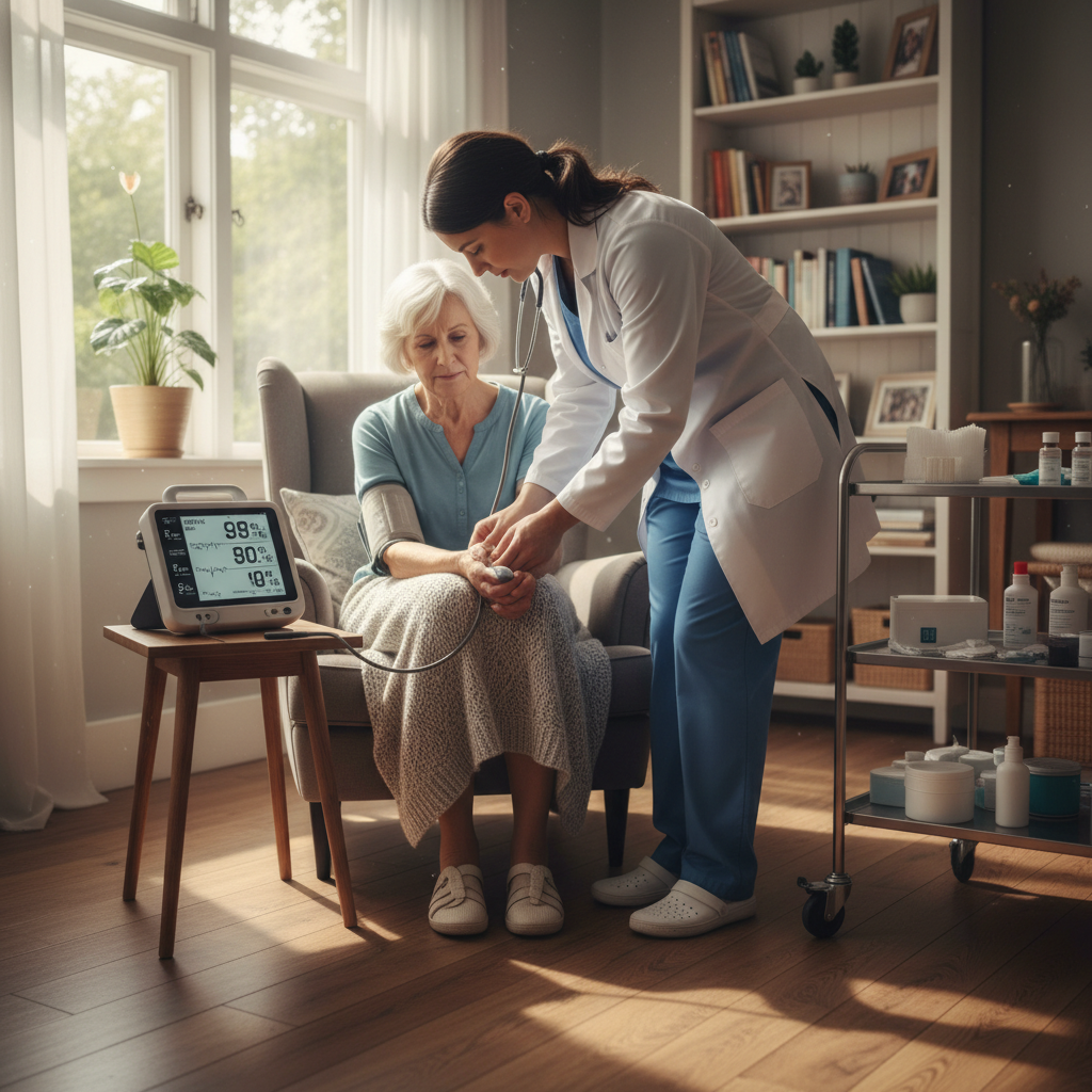 Technician using medical monitoring device on patient at home