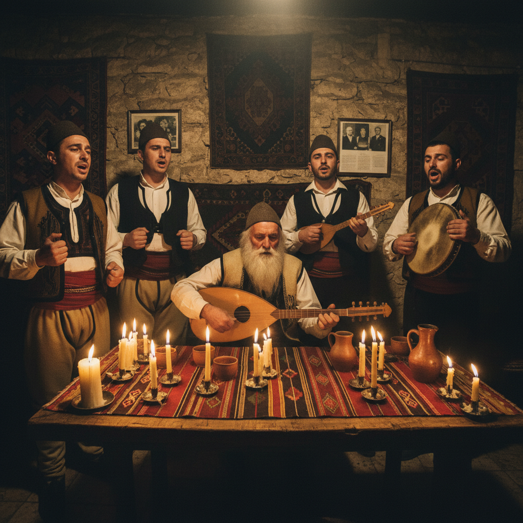 Traditional Balkan musician playing folk instrument in dimly lit historic setting with warm amber tones