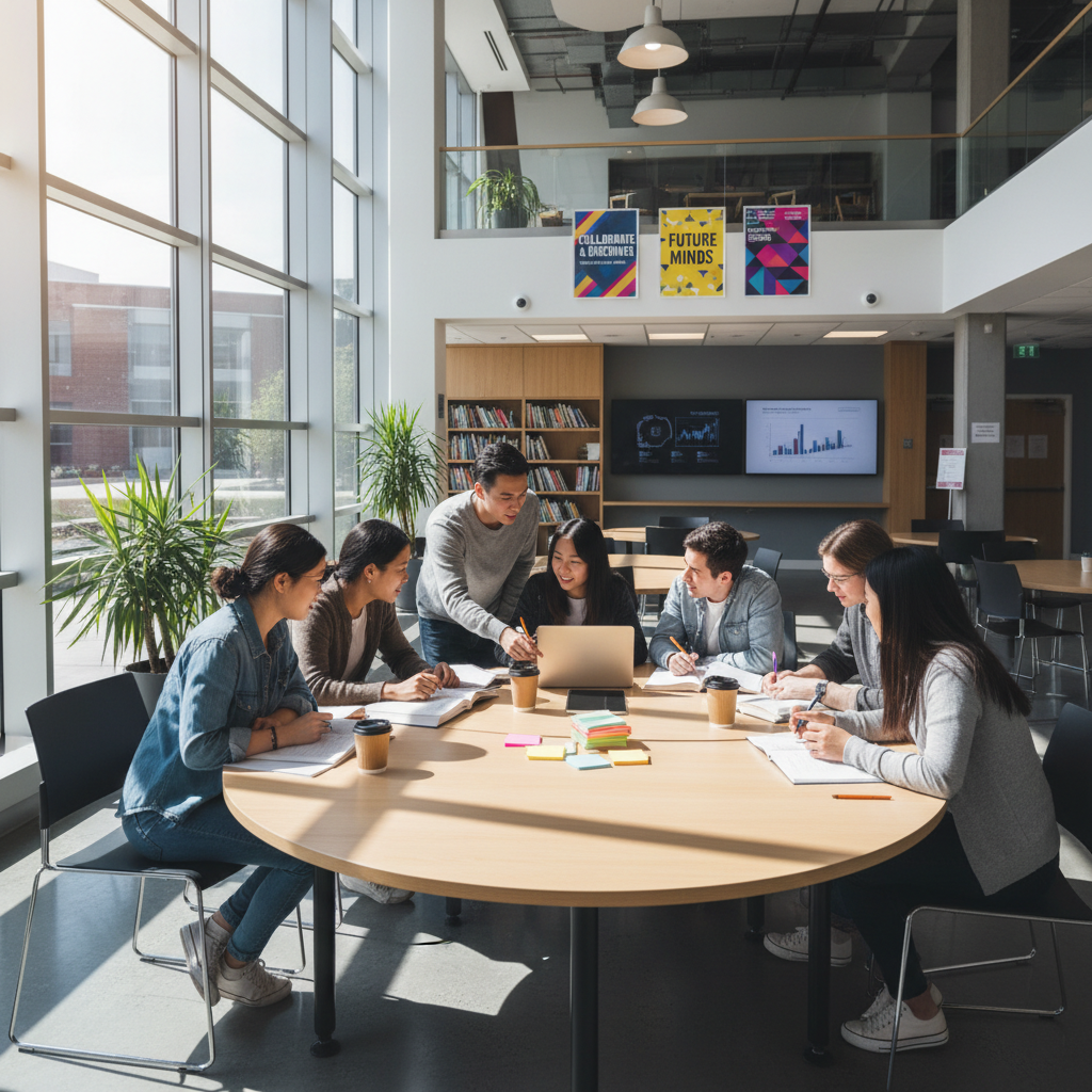 Diverse group of international students collaborating around laptop in modern university library with natural lighting