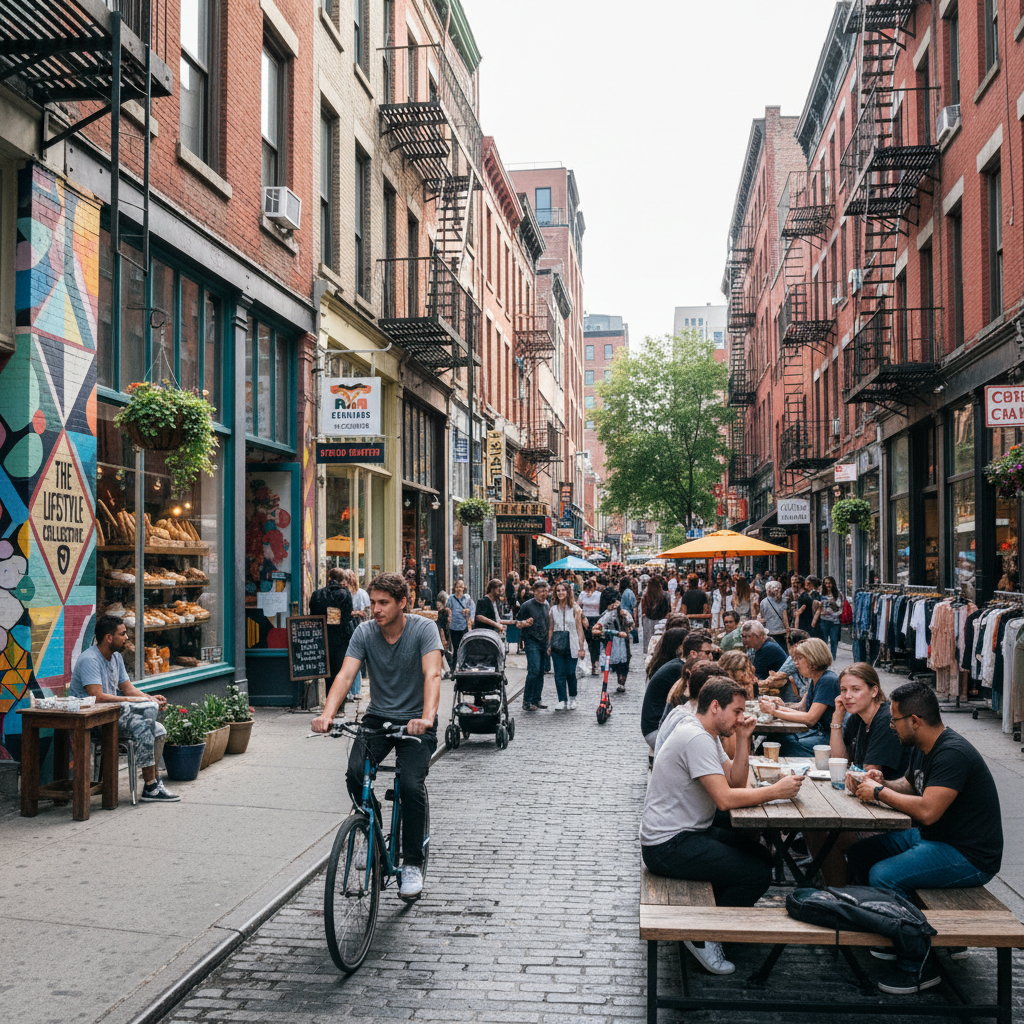 Trendy Williamsburg Brooklyn street with coffee shops and boutiques