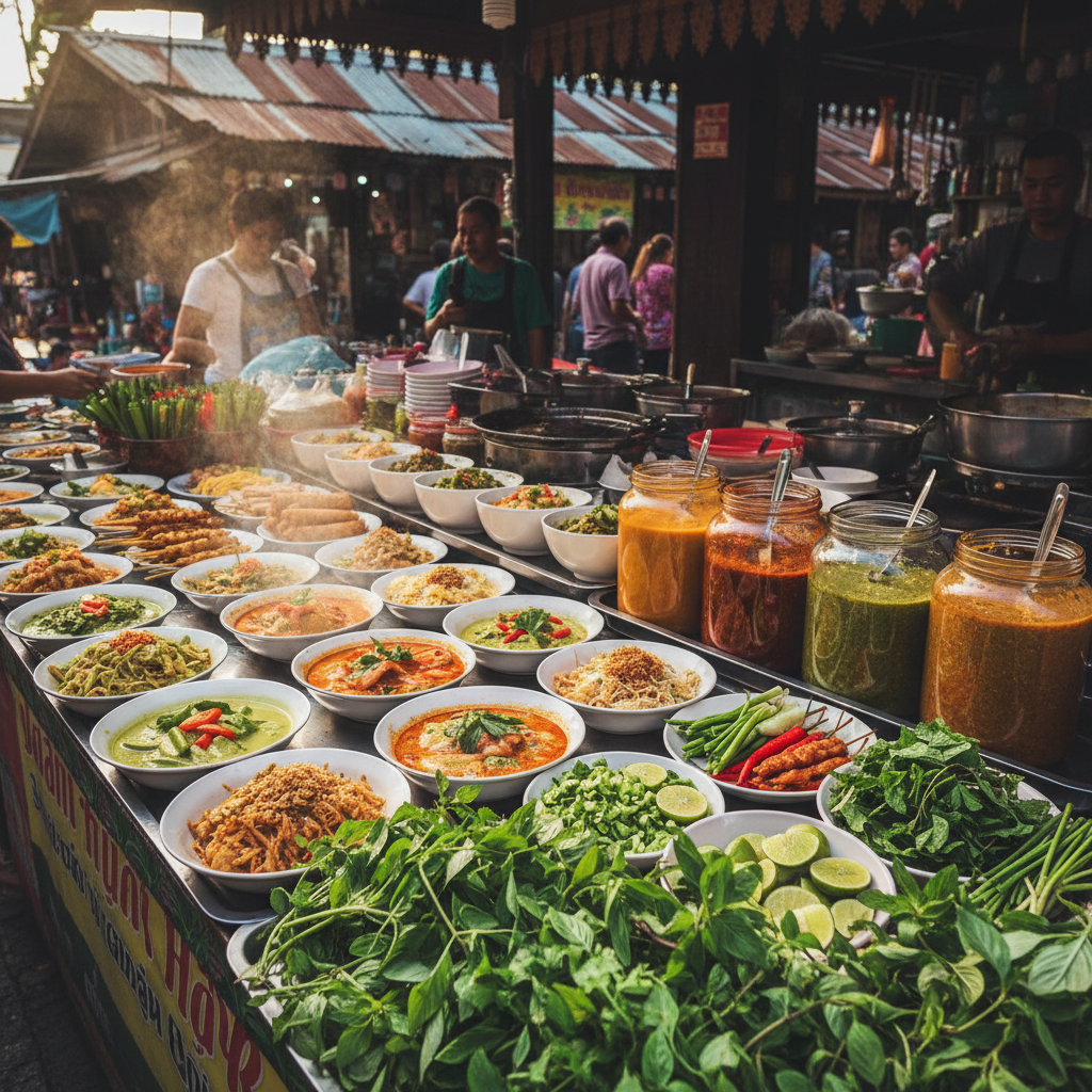 Colourful Thai street food dishes with fresh herbs, lime, and chili peppers