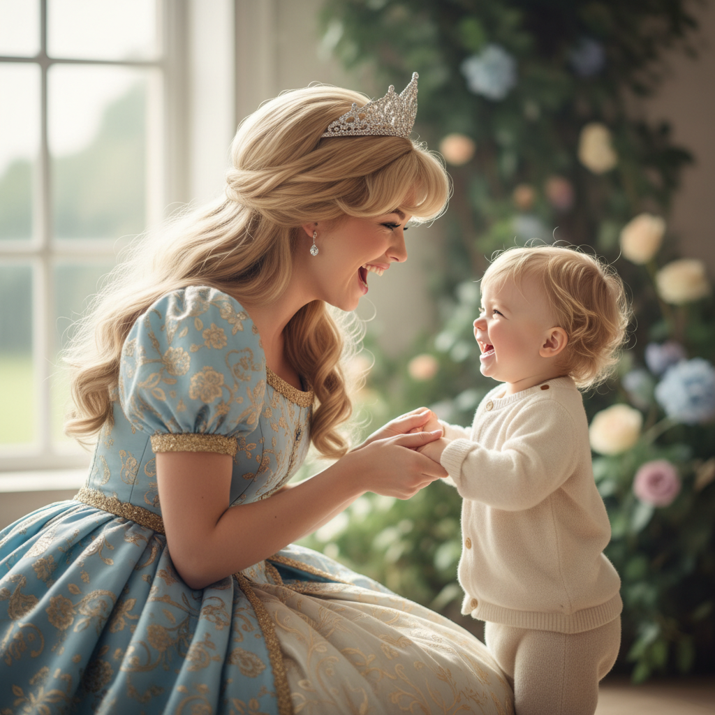 Princess character kneeling to meet a toddler at eye level, both laughing