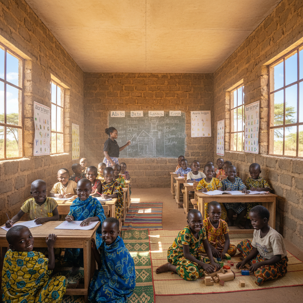 African children smiling in bright sunlight outside a newly built school, warm afternoon light, green trees in background