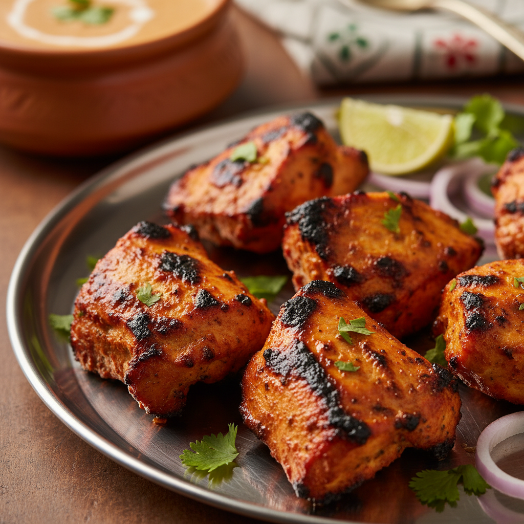 Chicken tikka pieces with char marks on a steel thali plate with garnish