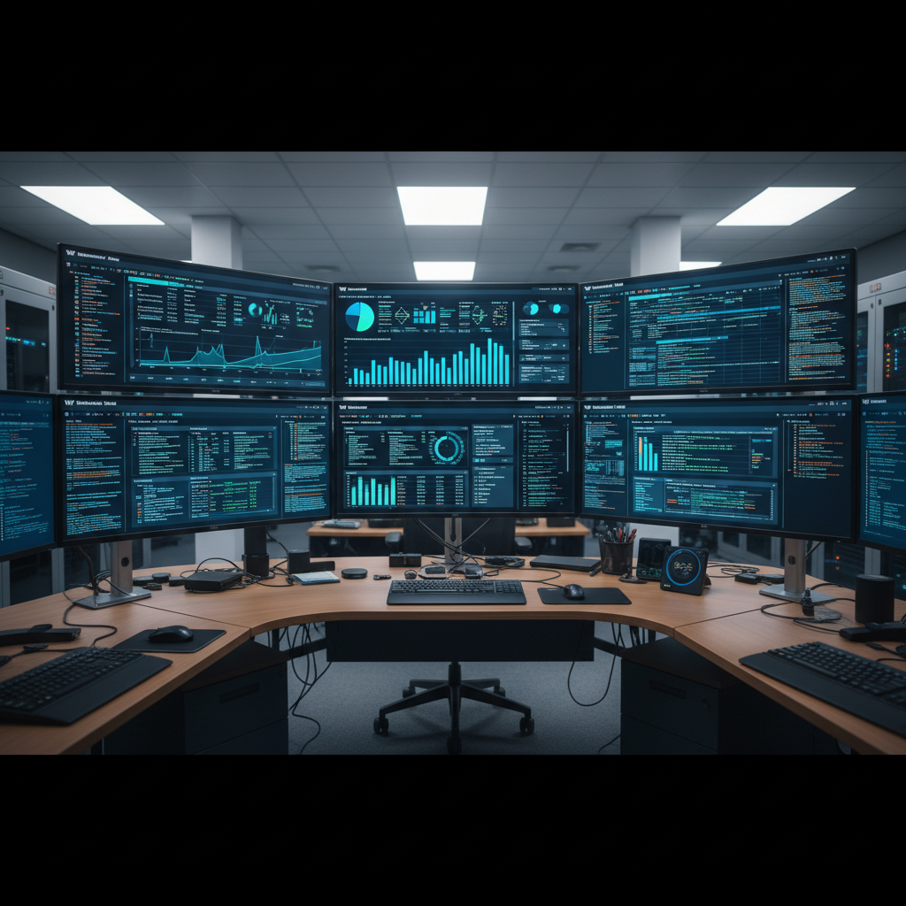Modern technology workspace with multiple monitors displaying code and design tools, representing passion for continuous learning