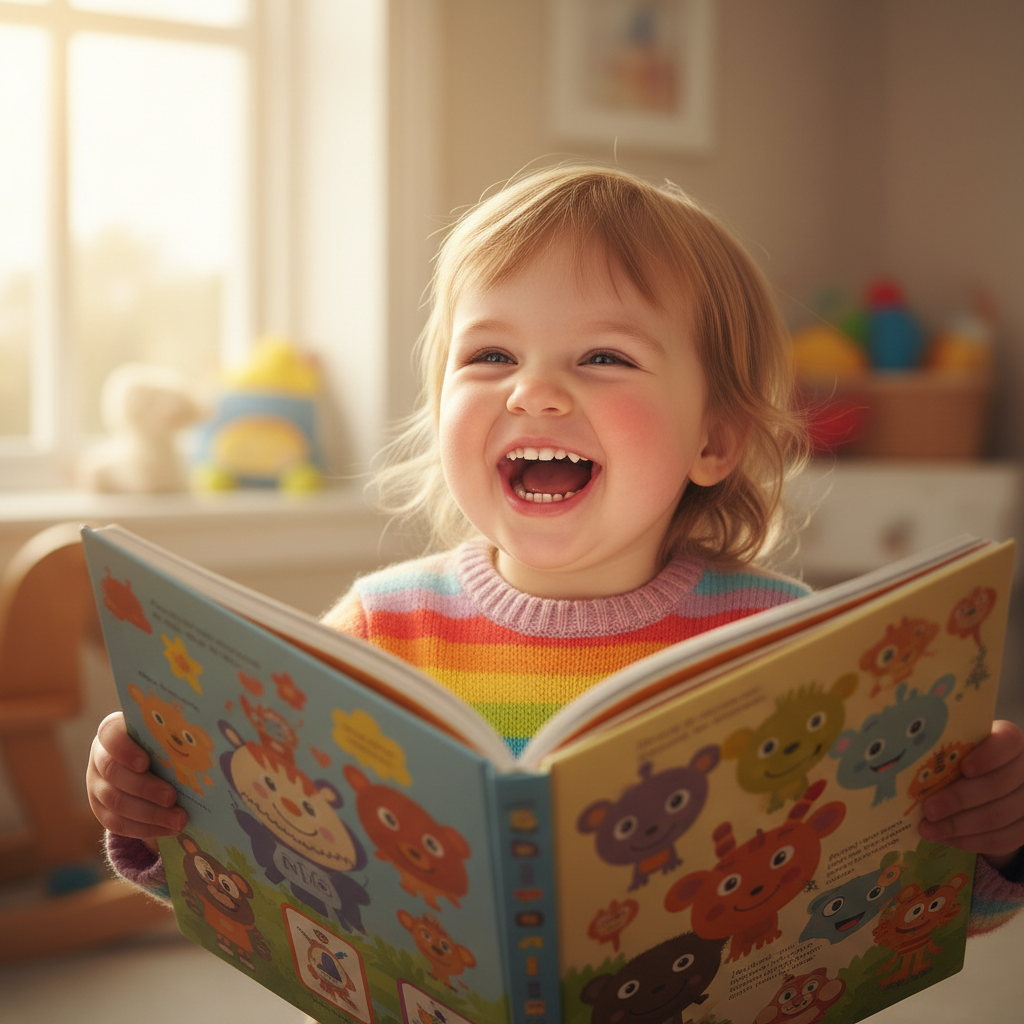 Toddler girl laughing and holding open a colorful picture book with both hands