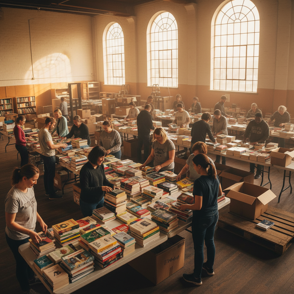 Shelve volunteers sorting donated books across folding tables in a sunlit warehouse, laughing and labeling boxes stacked with colorful paperback spines