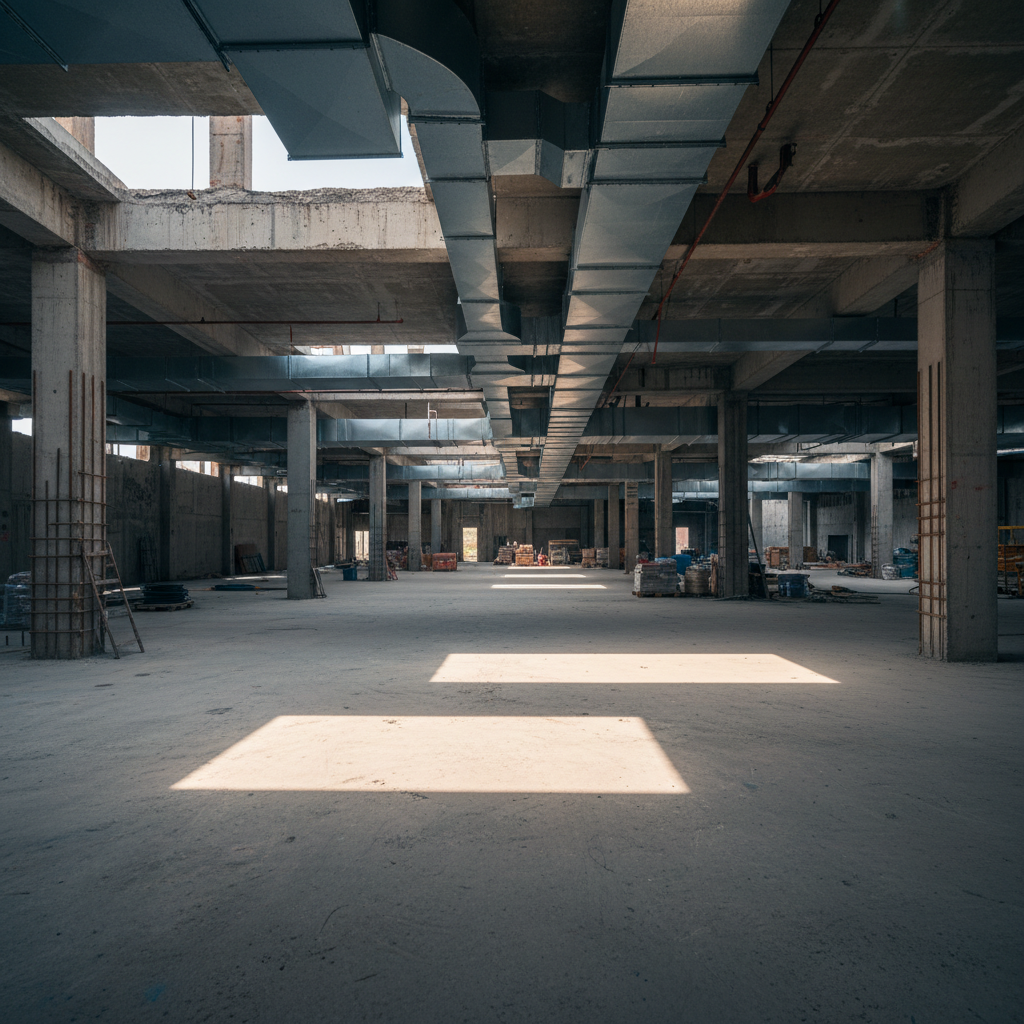 Raw industrial floor plate with exposed ductwork and concrete construction