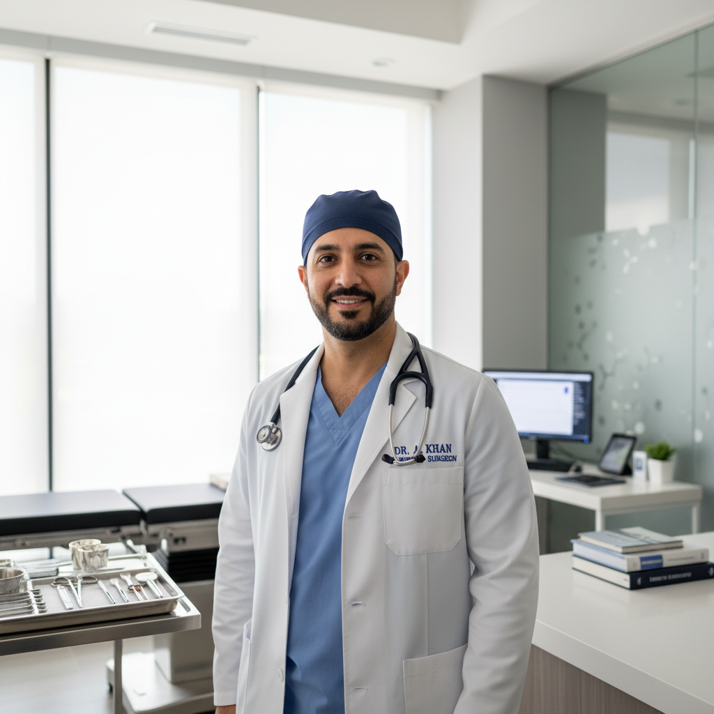 Male medical professional in business casual attire with a professional expression in a clean office environment