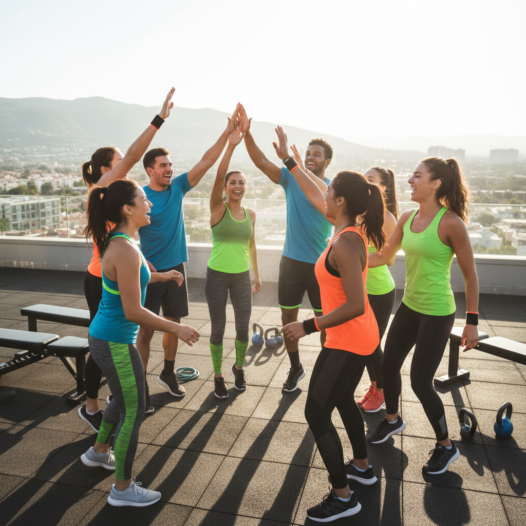 Group of gym members celebrating fitness achievements together