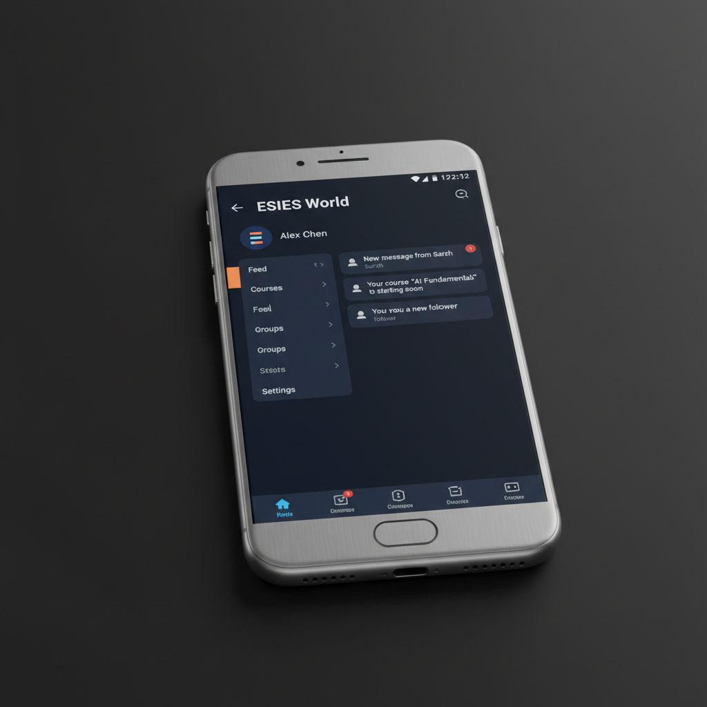 Plataforma ESIES World en smartphone mostrando perfil de usuario y notificaciones