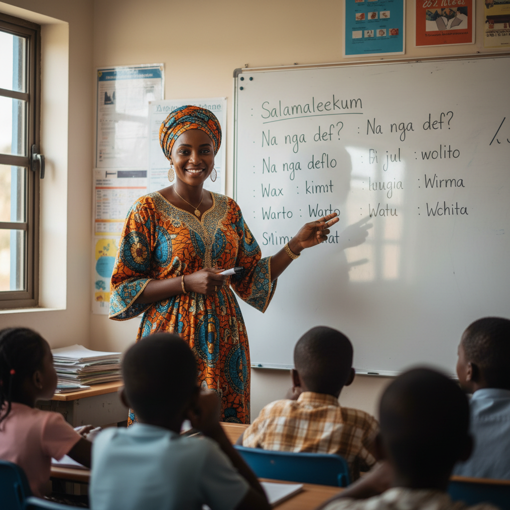 Guinean woman teacher, young and enthusiastic smile, bright welcoming background