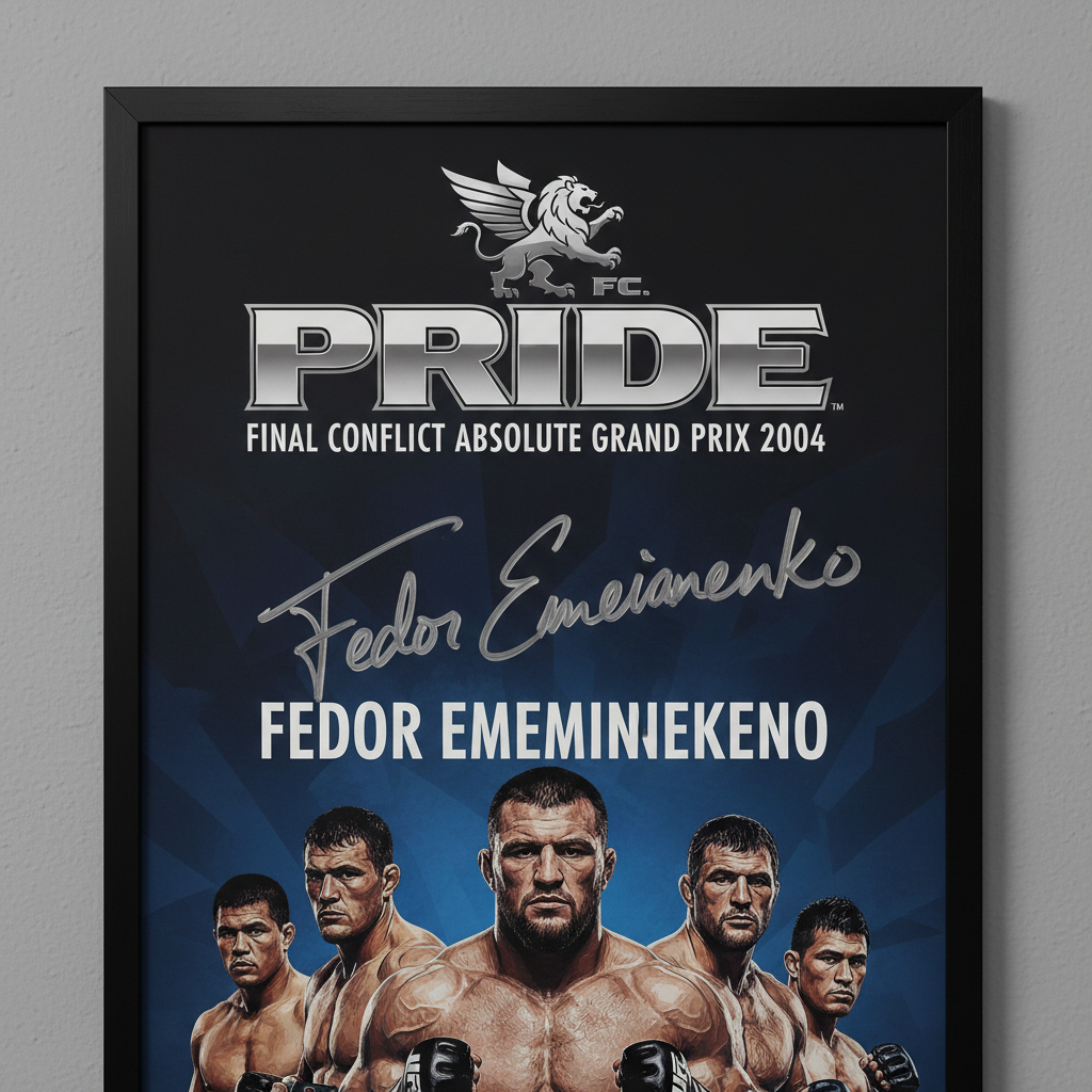 PRIDE FC event poster signed by Fedor Emelianenko in silver marker, framed in black wood