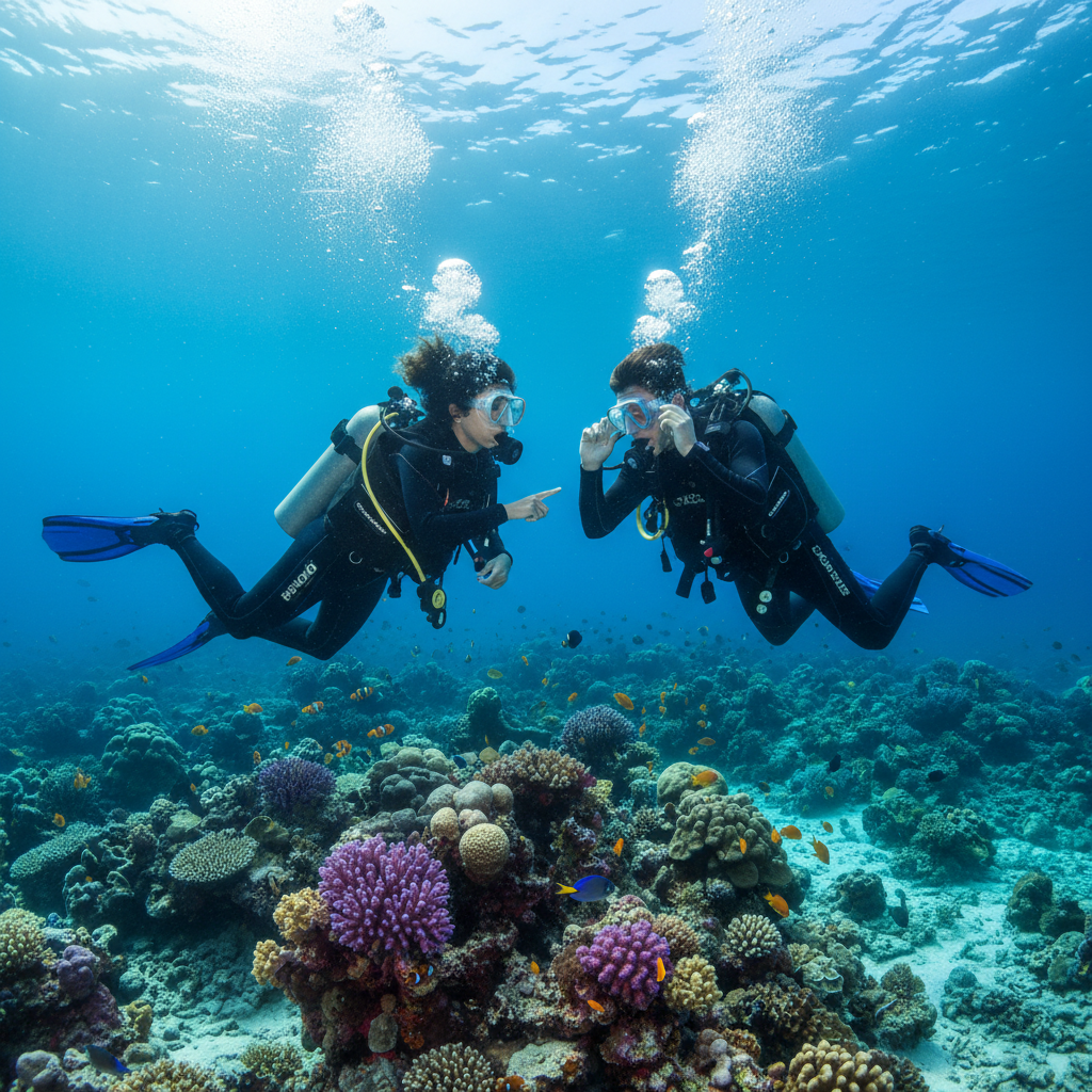 PADI instructor teaching open water diving skills to student in tropical ocean, Santa Teresa