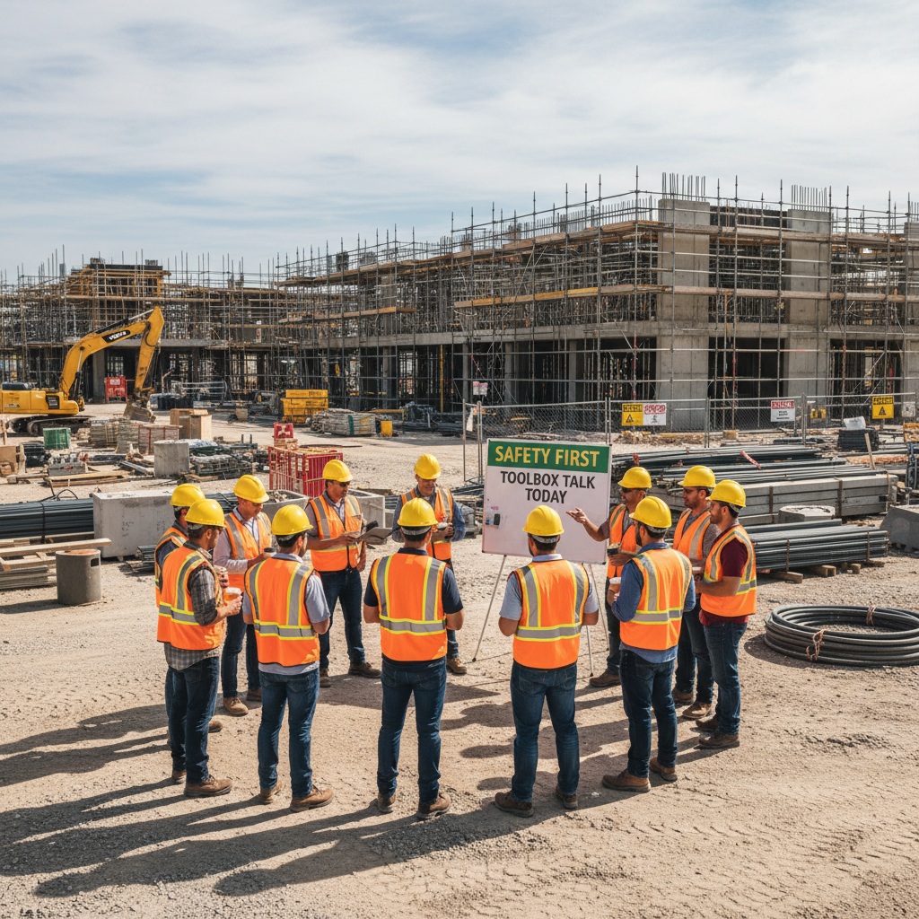 Construction workers in hard hats conducting a safety toolbox talk at a jobsite