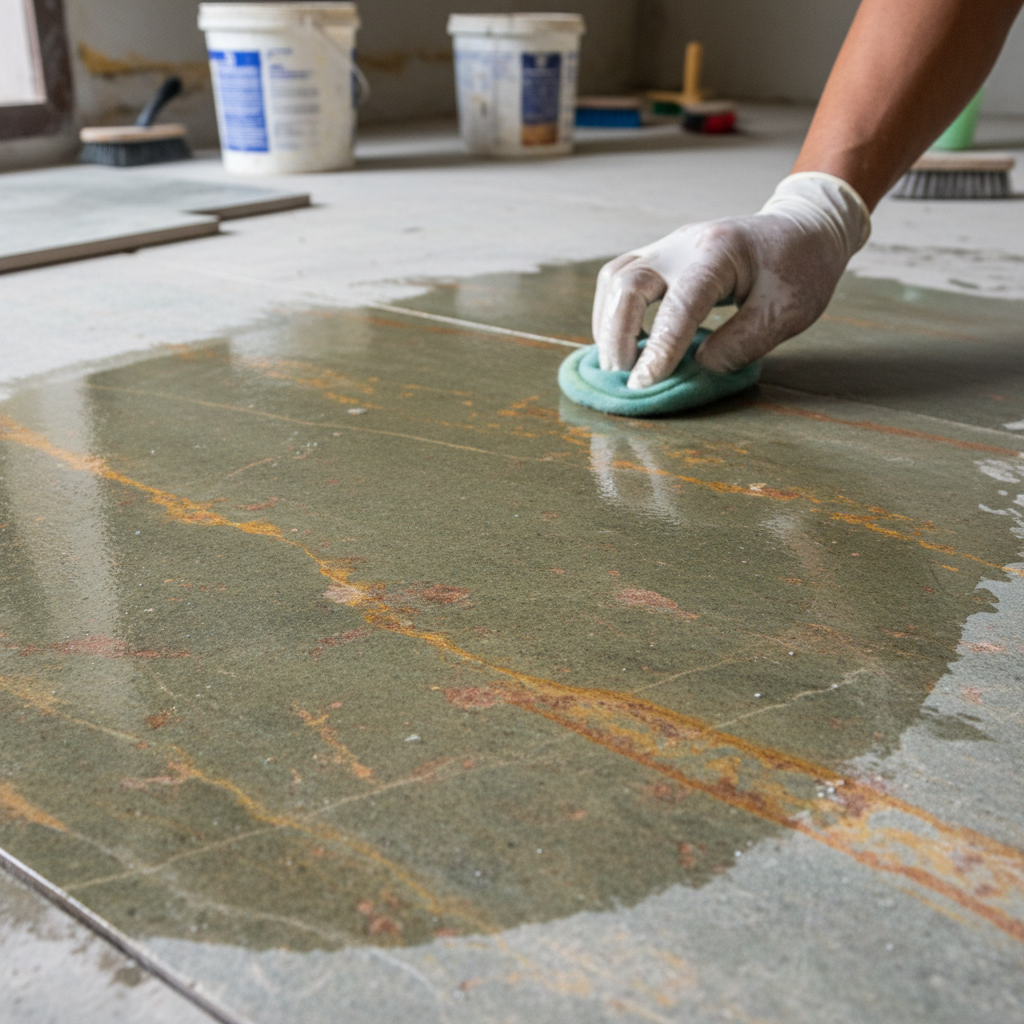 pH test strip being read against carpet after neutralisation rinse, gloved hand