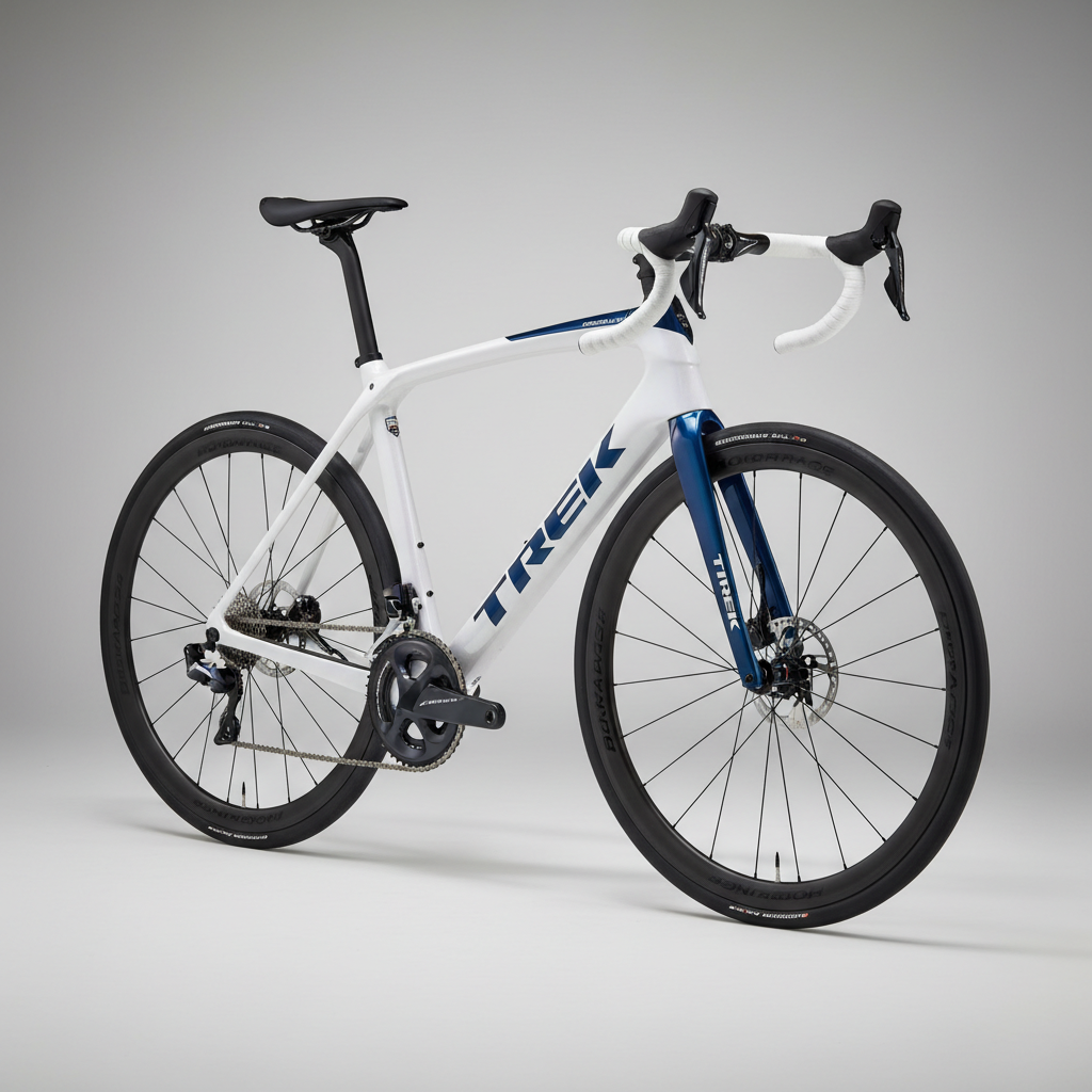 Lightweight road racing bicycle, white background, aerodynamic frame