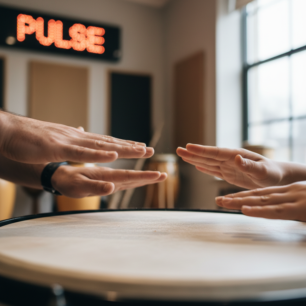 Close-up of hands on drum skin during a teaching session at Pulse