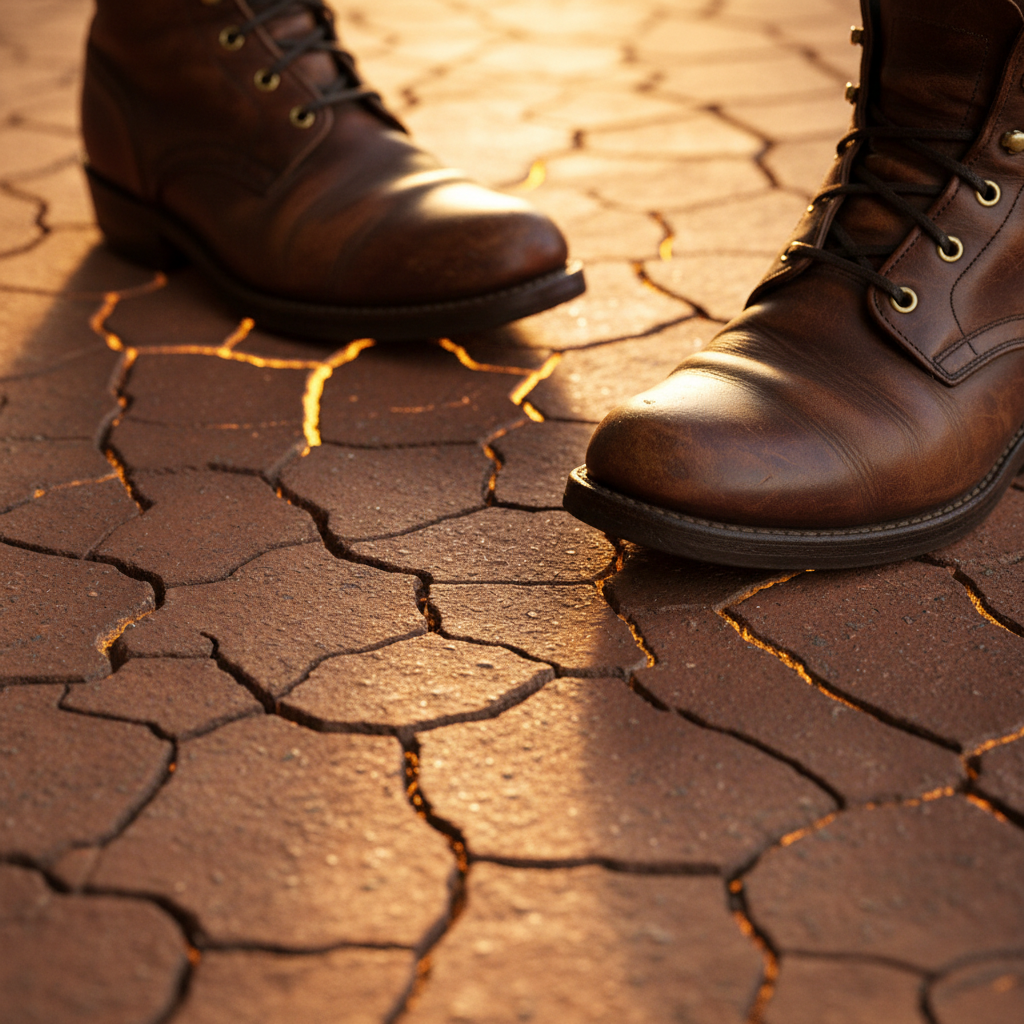 Finished leather boots on a cracked terracotta floor in a Marrakech riad, afternoon light pooling in the cracks
