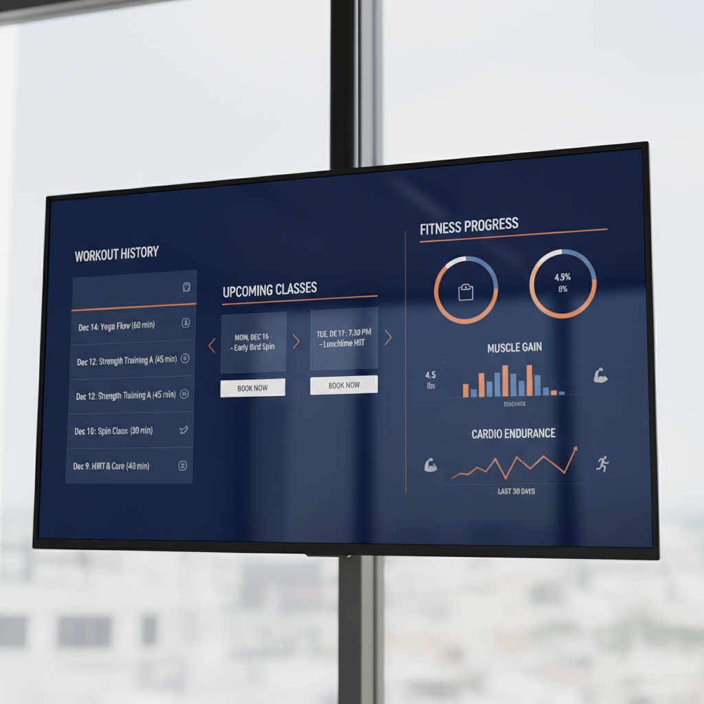 Fitness analytics dashboard on phone screen showing progress charts, bright clean studio environment